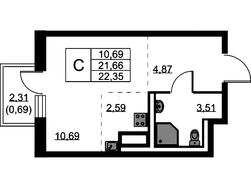 Квартира студия 22.35 м², 5/9 эт., ЖК «Квартал Лаголово»